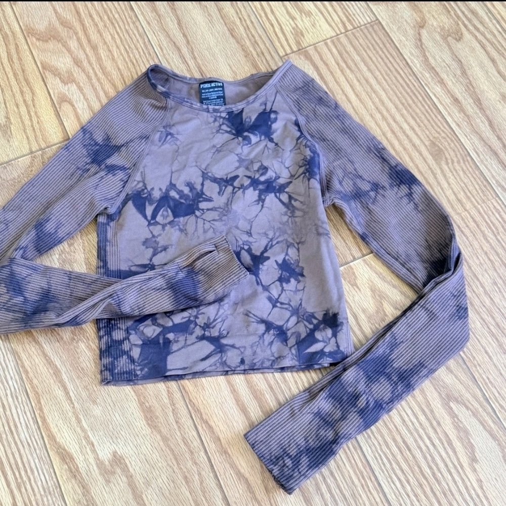 Pink Active Women's Size XSmall Tie-Dye Long Sleeve Crop Top Ribbed Stretchy